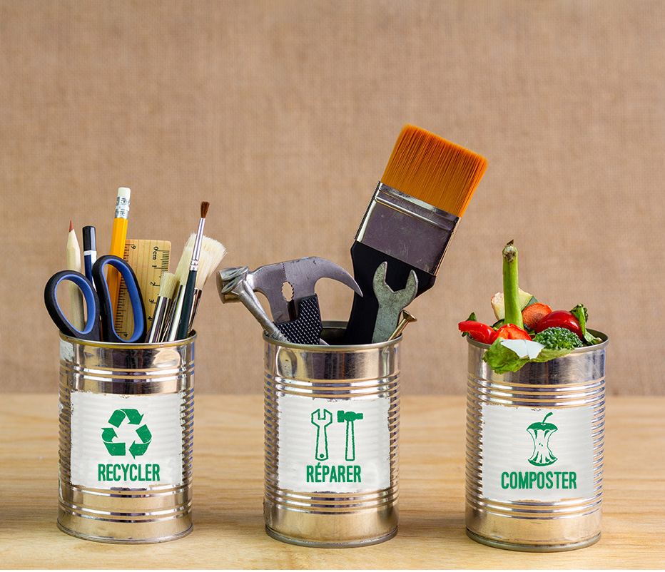 les 6 bon gestes vert qui sont refuser le plastique, réduire, réutiliser, recycler, réparer et composter